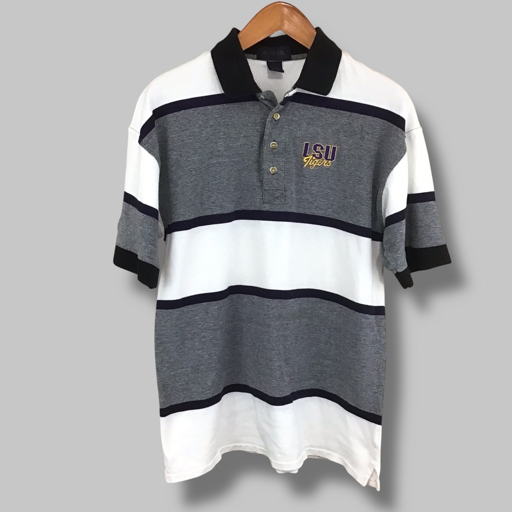 Antigua LSU Tigers Mens Large Polo Shirt Grey White Striped Cotton Short Sleeve